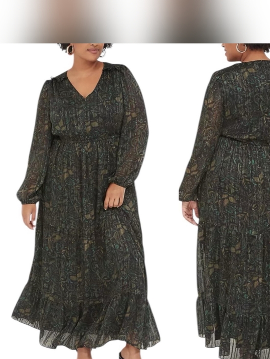 Lane Bryant Dresses & Skirts - Lane Bryant 26/28 Plus Size Long Sleeve V-Neck Floral Maxi Dress in Dark Green